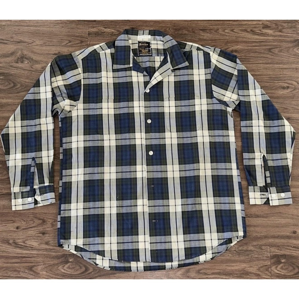 Vintage Sears Shirt Mens L Blue Plaid Perma Prest Long Sleeve Button Up Casual